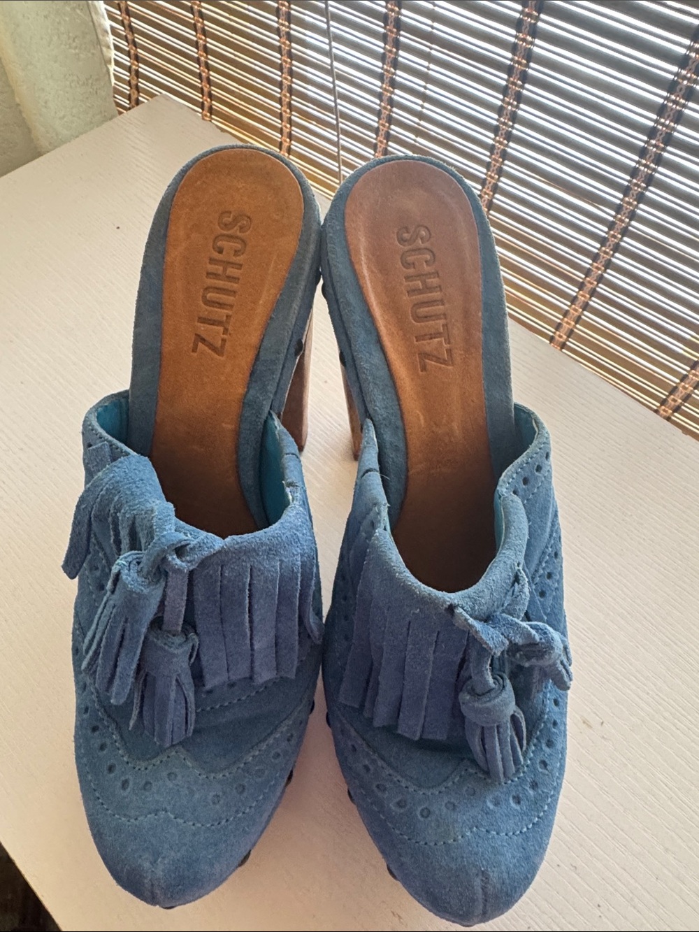 SCHUTZ Blue Suede Tassel Fringe Mules